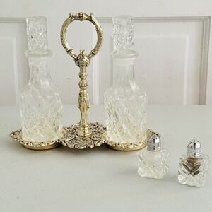 Vintage 2 Diamond Pressed Glass‎ Cruets Himark Japan Embossed Stand Salt Pepper